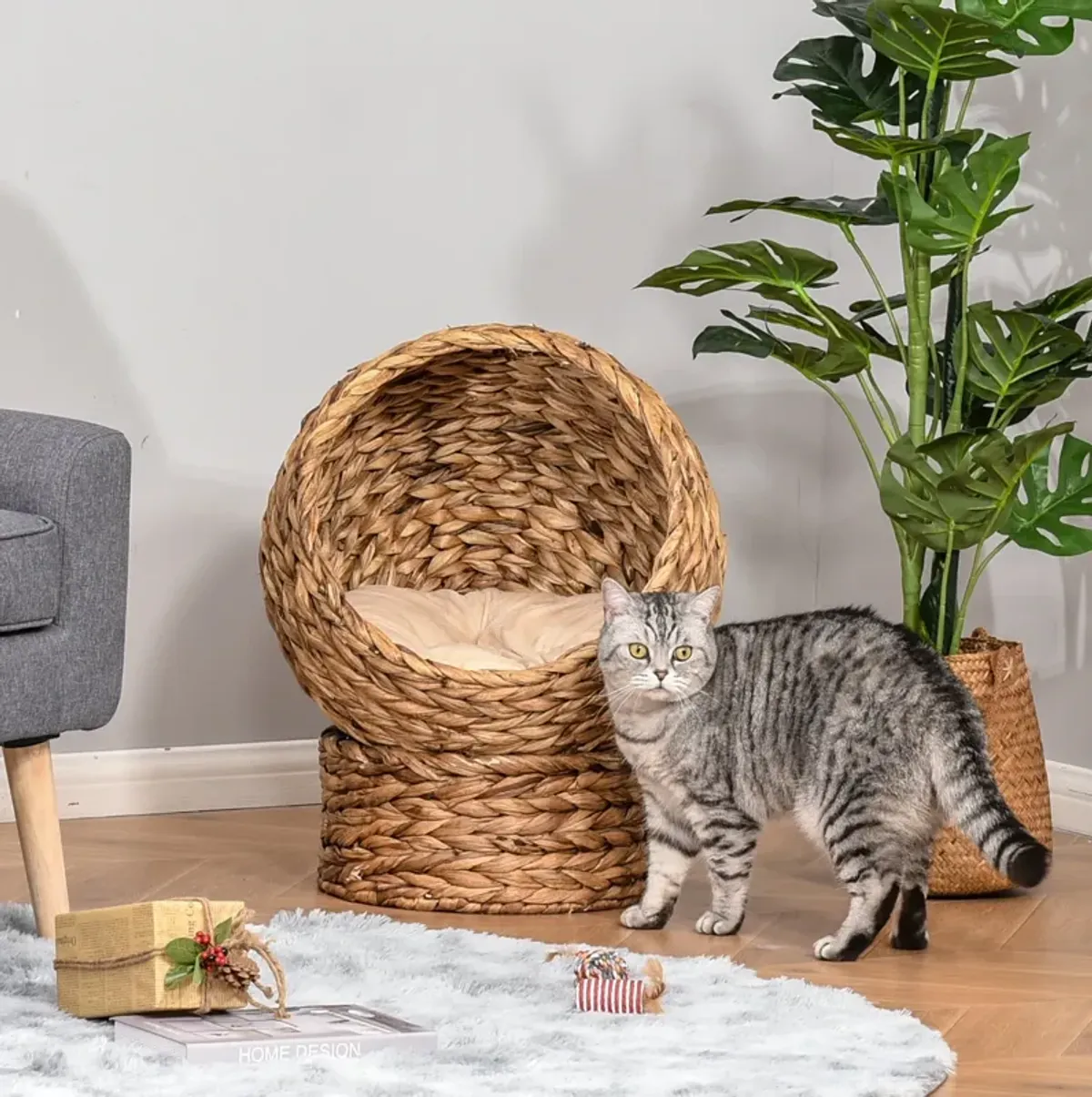 Natural Kitty Nest: 23.5" H Brown Banana Leaf Elevated Cat Basket