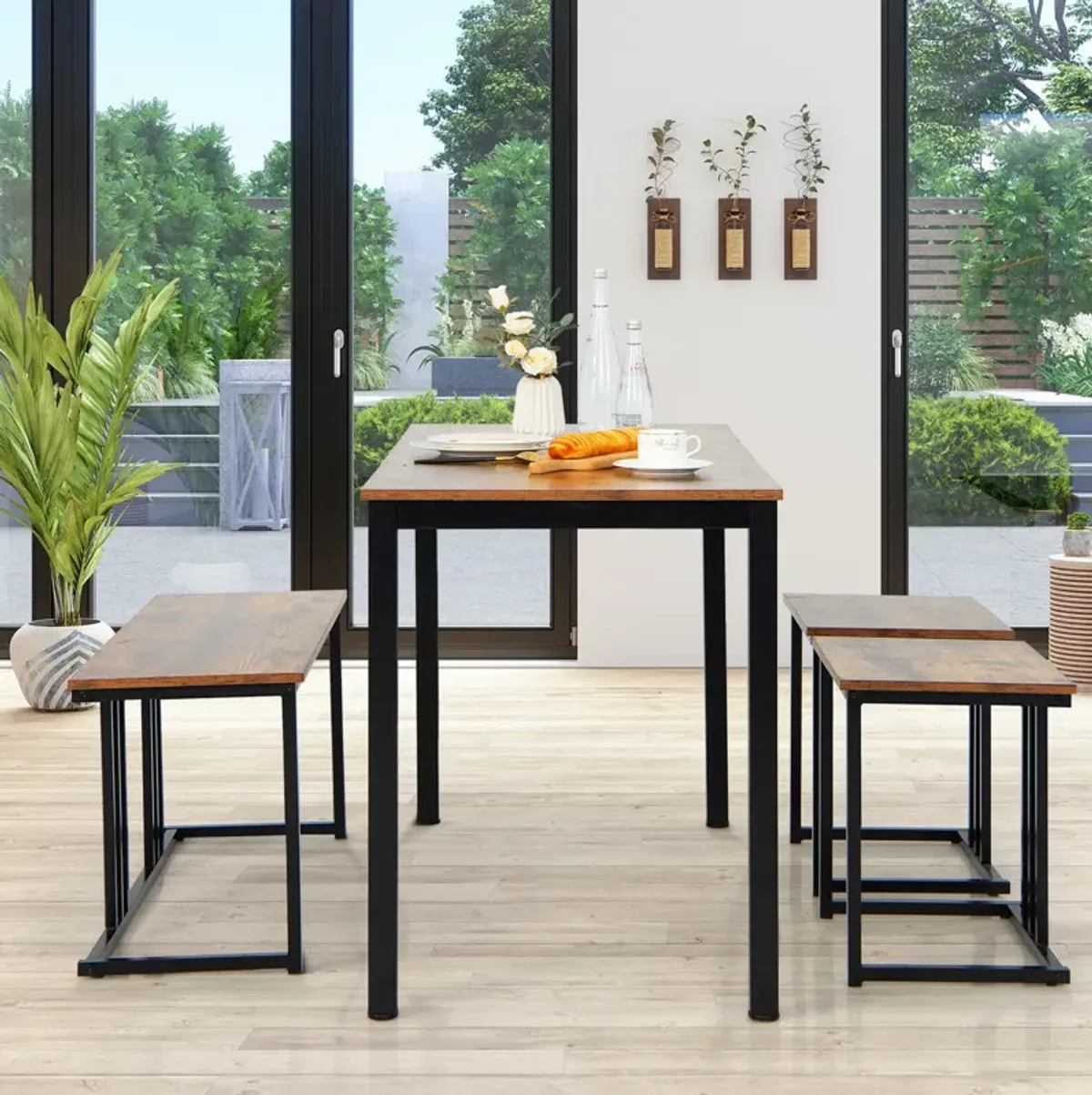 4 Pieces Industrial Dining Table Set with Bench and 2 Stools-Brown