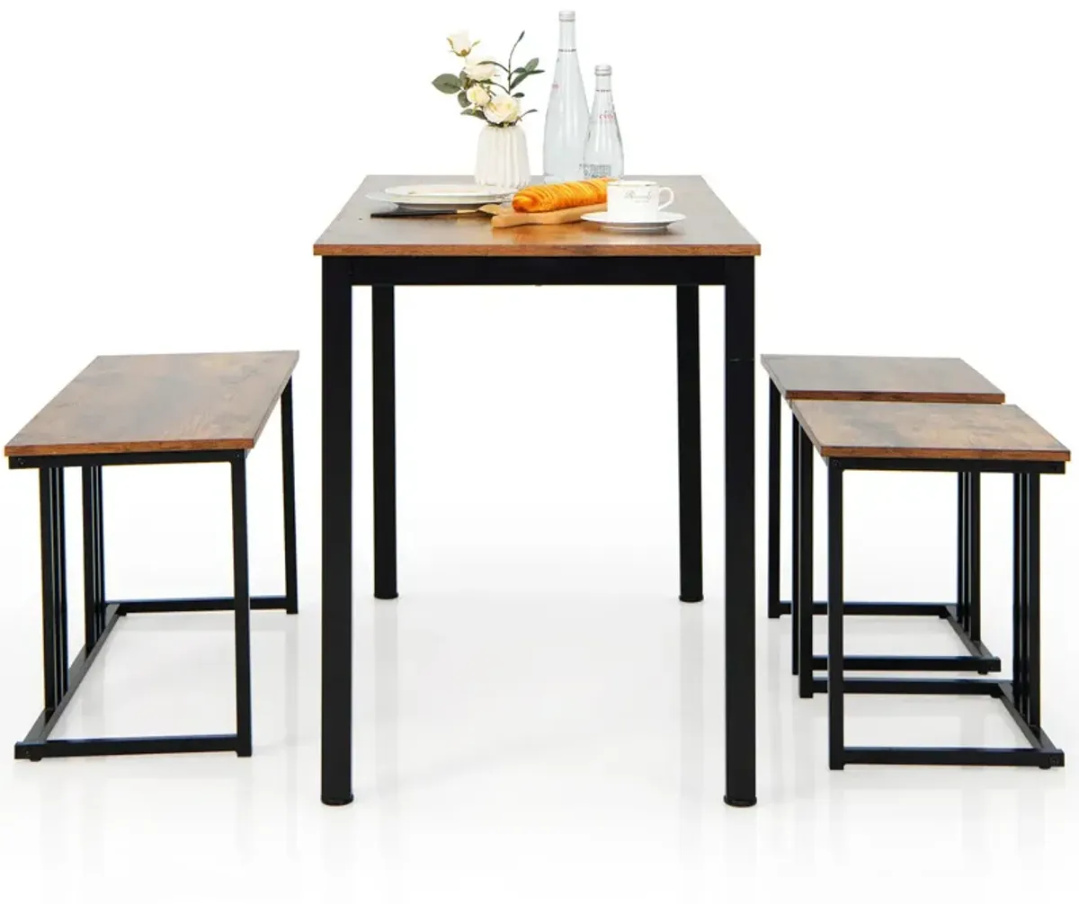 4 Pieces Industrial Dining Table Set with Bench and 2 Stools-Brown