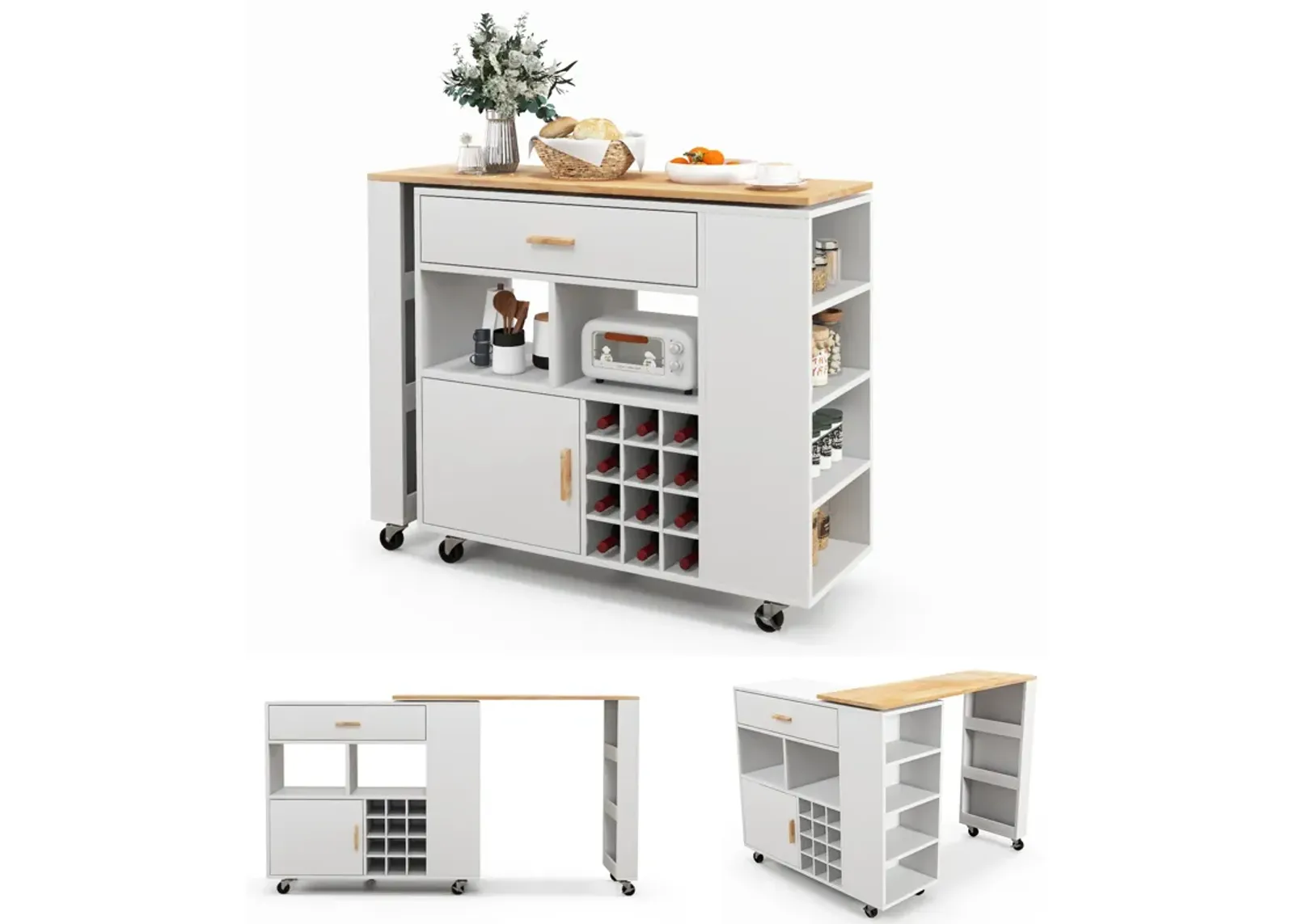 Reversible Folding Kitchen Island Cart with Wine Rack and Spice Rack