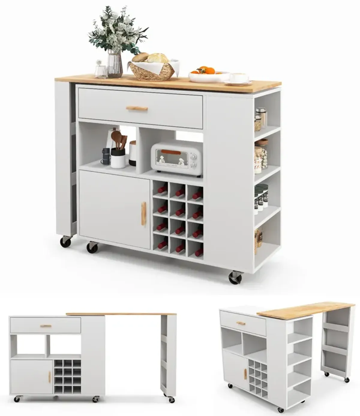 Reversible Folding Kitchen Island Cart with Wine Rack and Spice Rack