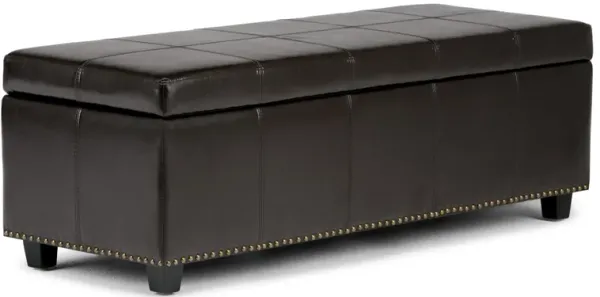 Kingsley 48 inch Wide Transitional Rectangle Large Storage Ottoman in Coffee Brown Faux Leather