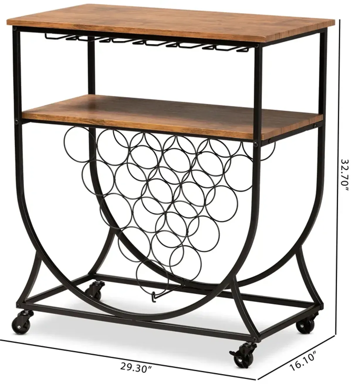 Baxton Studio Dania Industrial Black Metal and Walnut Finished Wood Mobile Wine Bar Cart