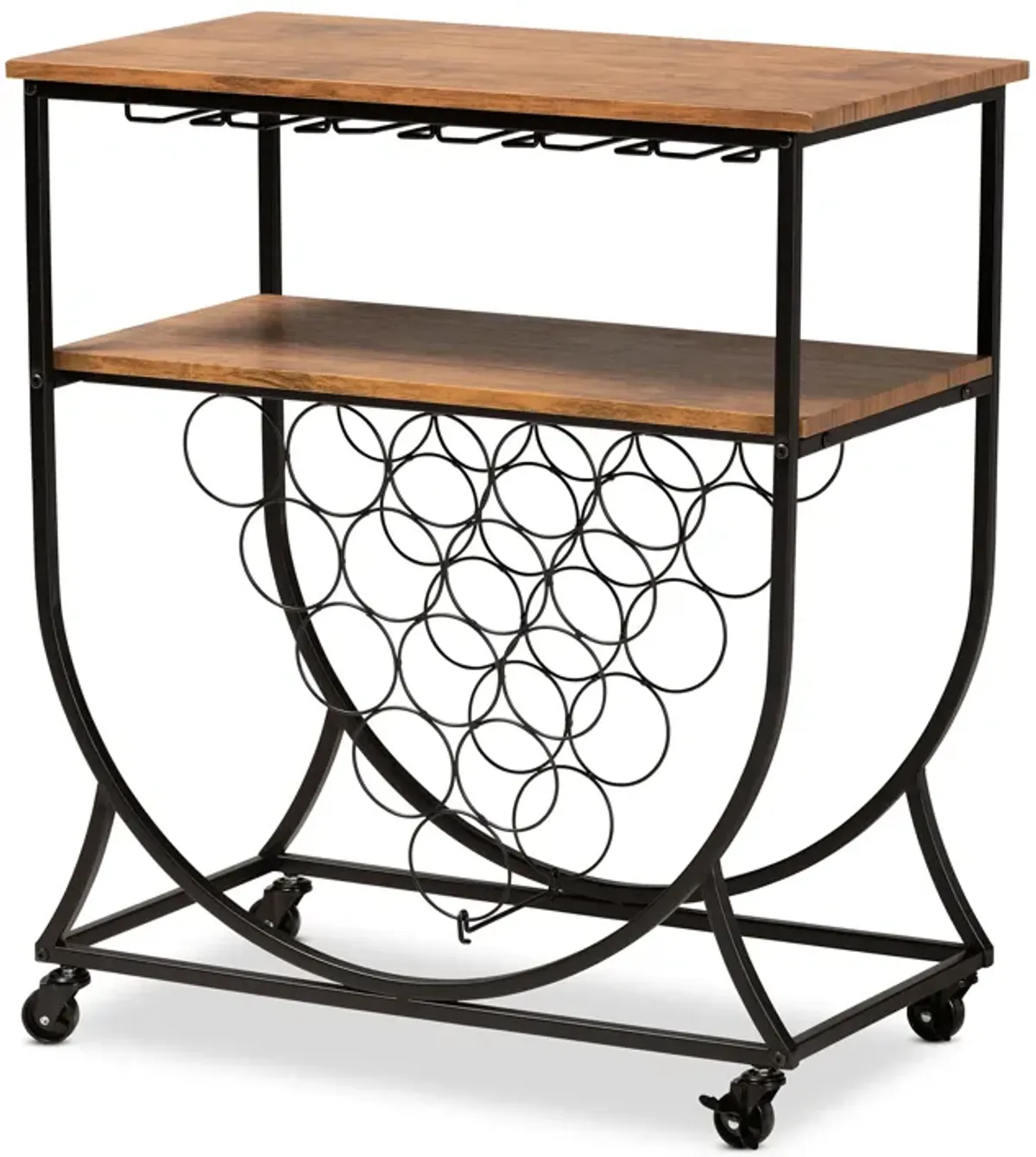 Baxton Studio Dania Industrial Black Metal and Walnut Finished Wood Mobile Wine Bar Cart