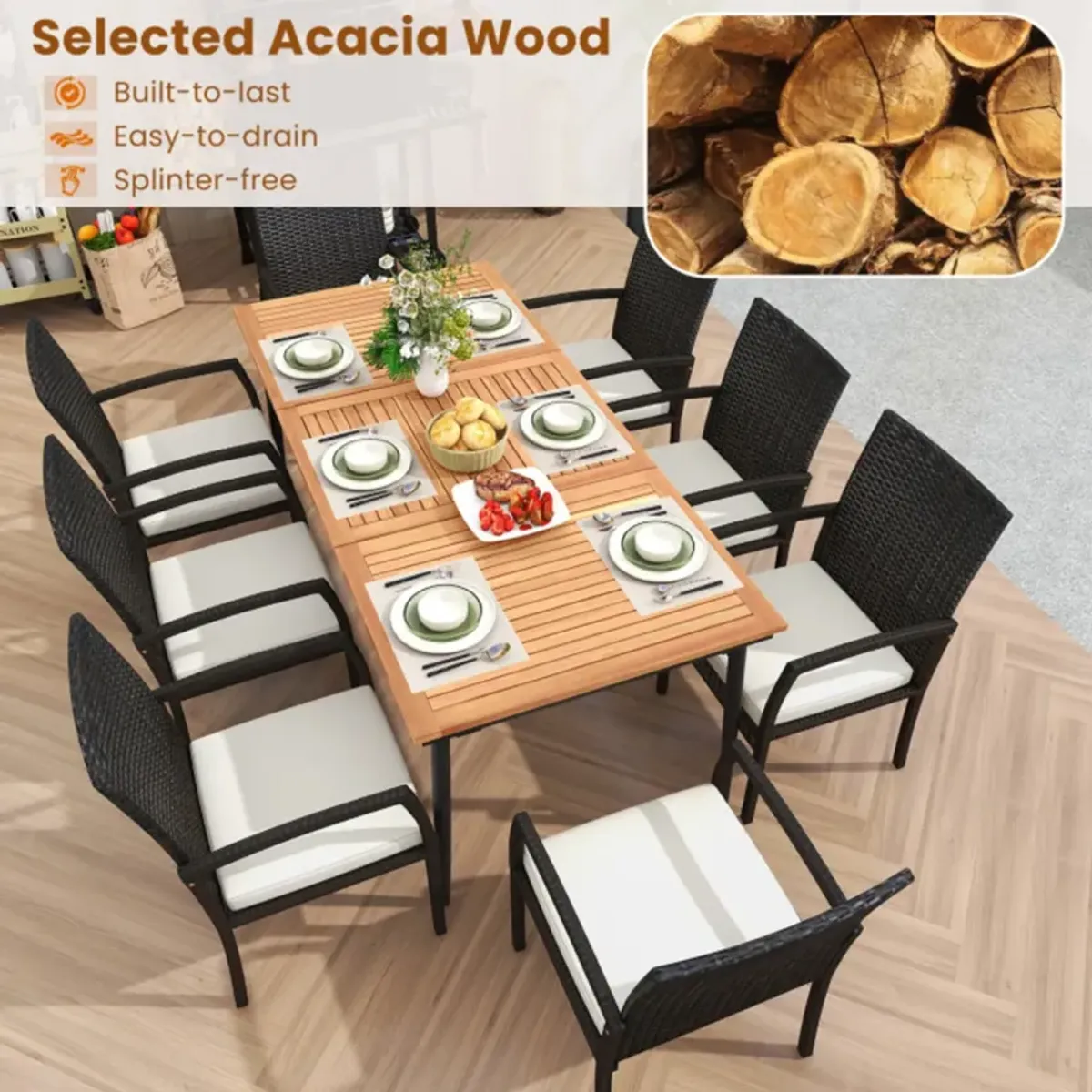 Mondawe 9-Piece Patio Dining Set,Acacia Wood Table With Built-In Umbrella Hole & 8 Rattan Chairs