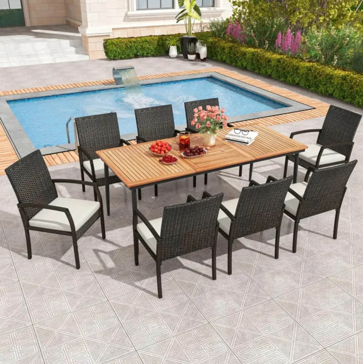 Mondawe 9-Piece Patio Dining Set,Acacia Wood Table With Built-In Umbrella Hole & 8 Rattan Chairs
