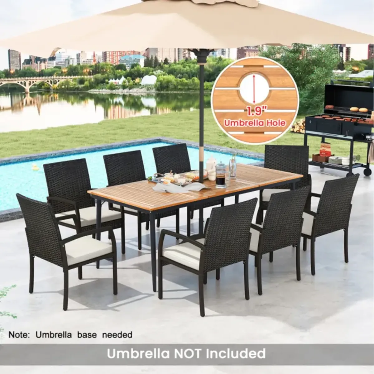 Mondawe 9-Piece Patio Dining Set,Acacia Wood Table With Built-In Umbrella Hole & 8 Rattan Chairs