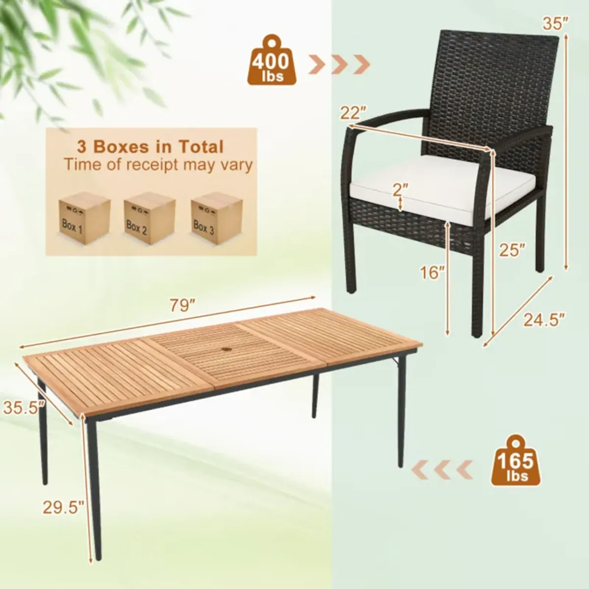 Mondawe 9-Piece Patio Dining Set,Acacia Wood Table With Built-In Umbrella Hole & 8 Rattan Chairs