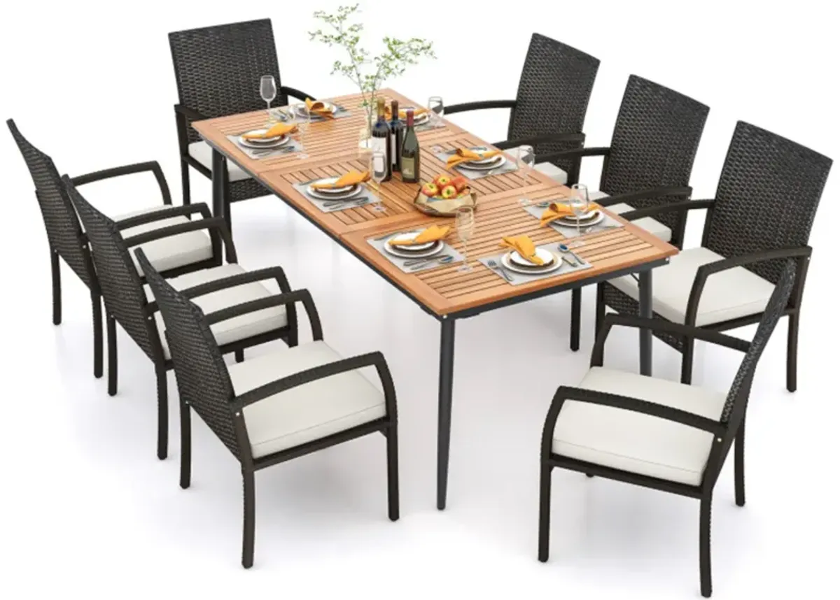 Mondawe 9-Piece Patio Dining Set,Acacia Wood Table With Built-In Umbrella Hole & 8 Rattan Chairs