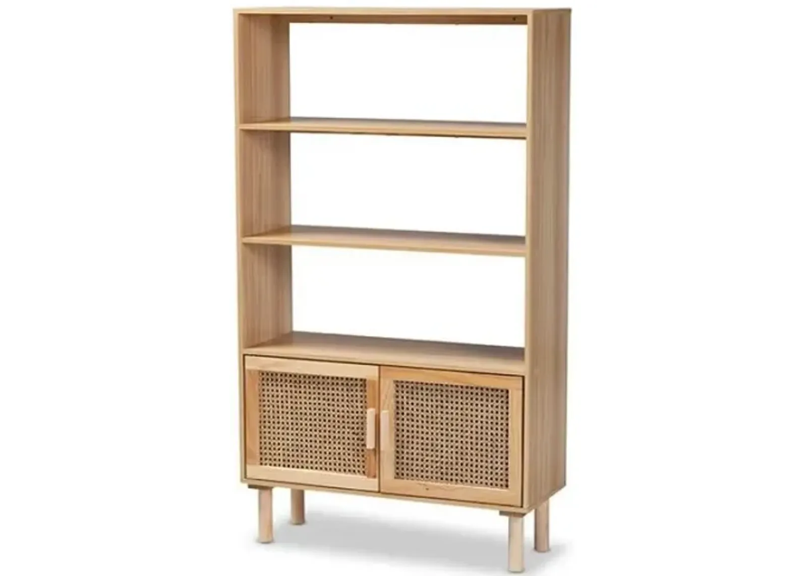 Natural Brown Finished Wood and Rattan 2-Door Bookcase