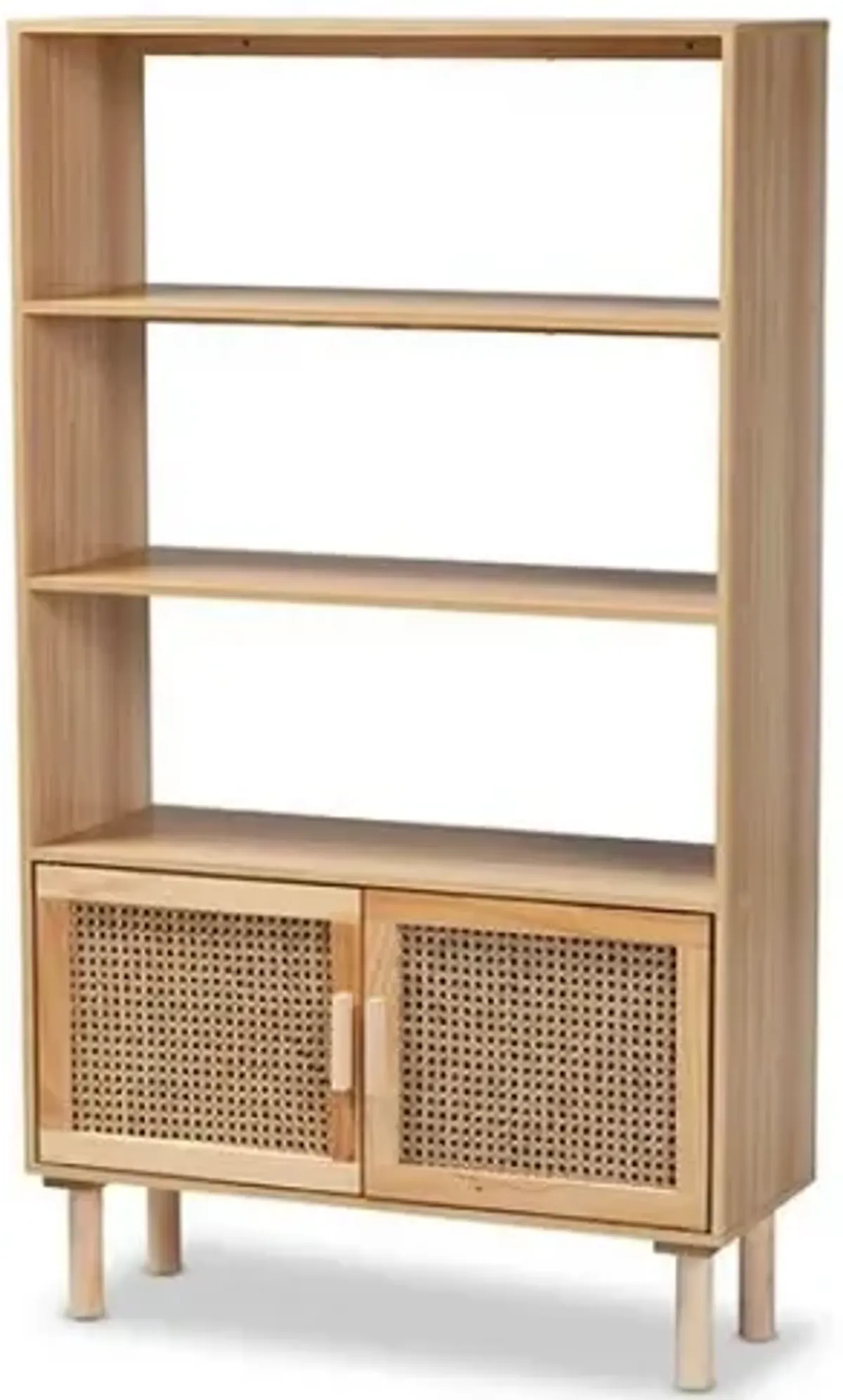 Natural Brown Finished Wood and Rattan 2-Door Bookcase