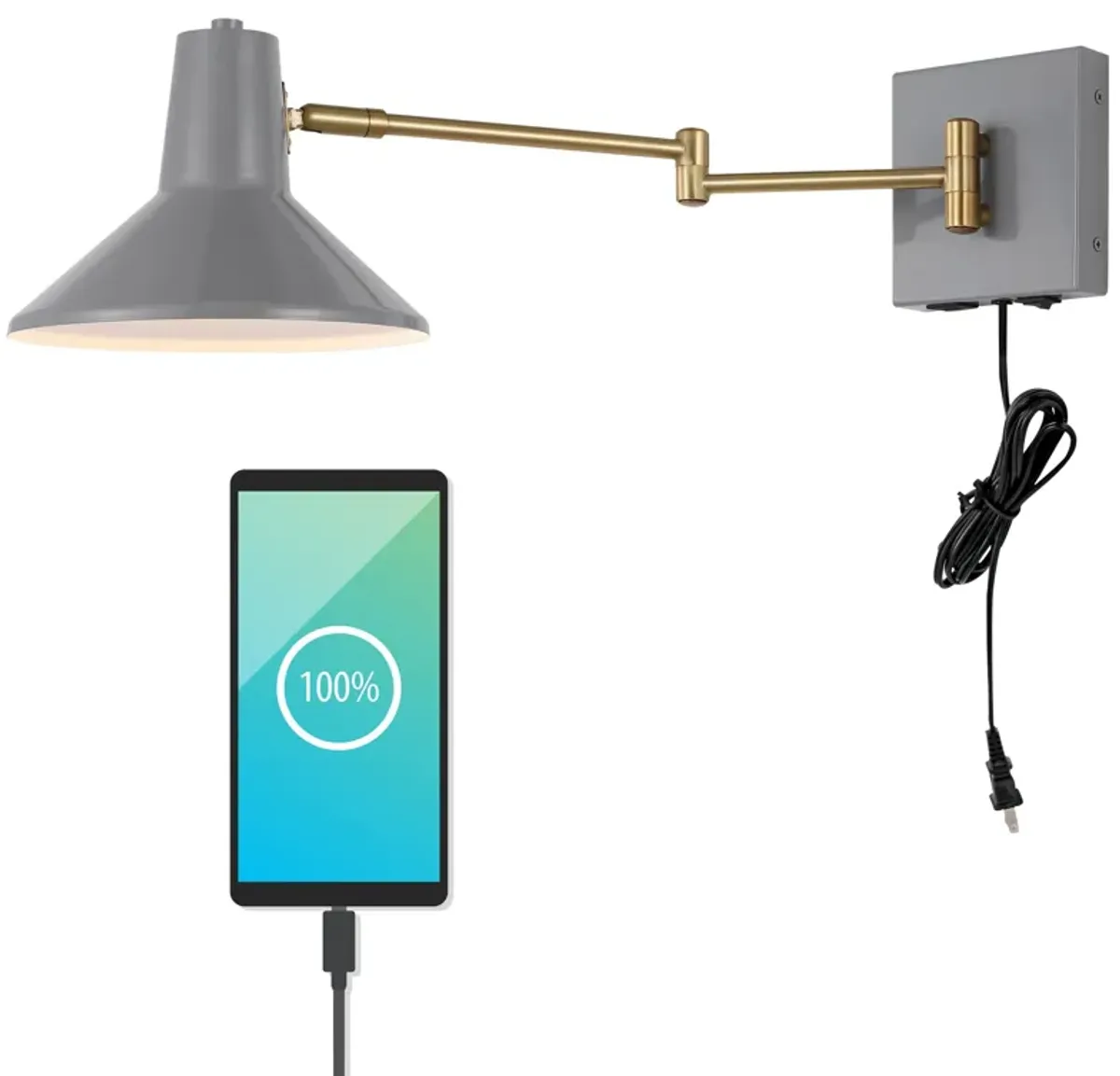 Hygge Swing Arm Modern Midcentury Iron USB Charging Port LED Sconce