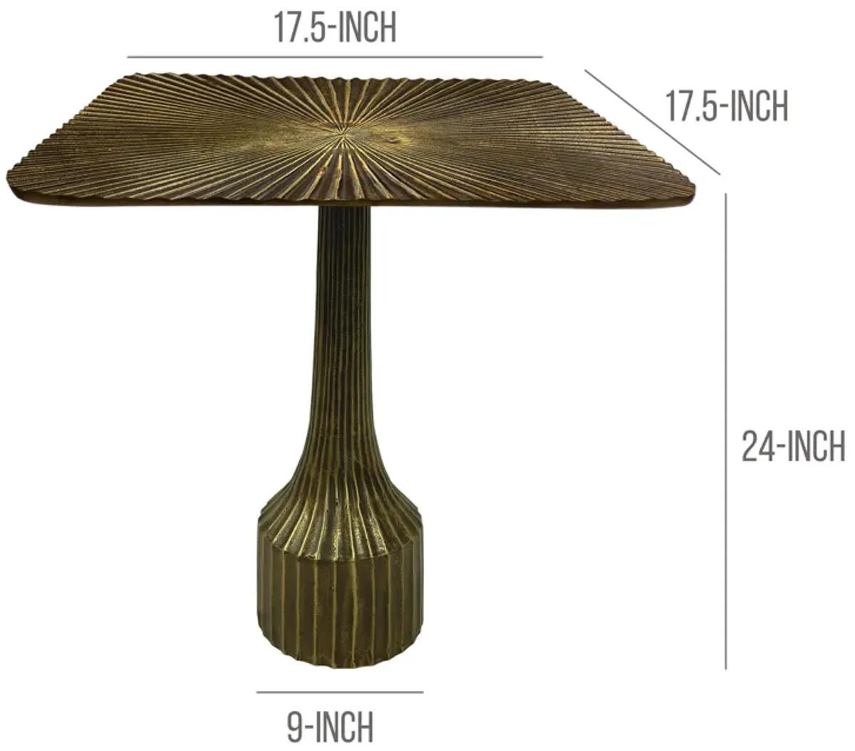 18 Inch Side End Table, Decorative Fluted Base, Square Top, Antique Brass Finish - Benzara