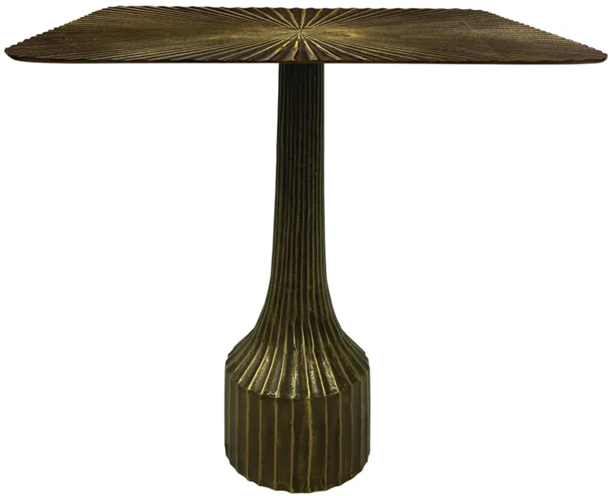 18 Inch Side End Table, Decorative Fluted Base, Square Top, Antique Brass Finish - Benzara