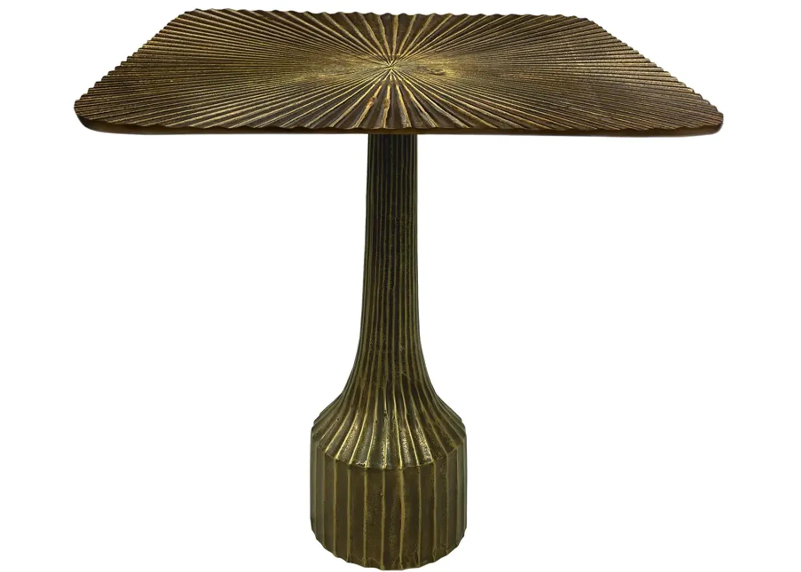 18 Inch Side End Table, Decorative Fluted Base, Square Top, Antique Brass Finish - Benzara