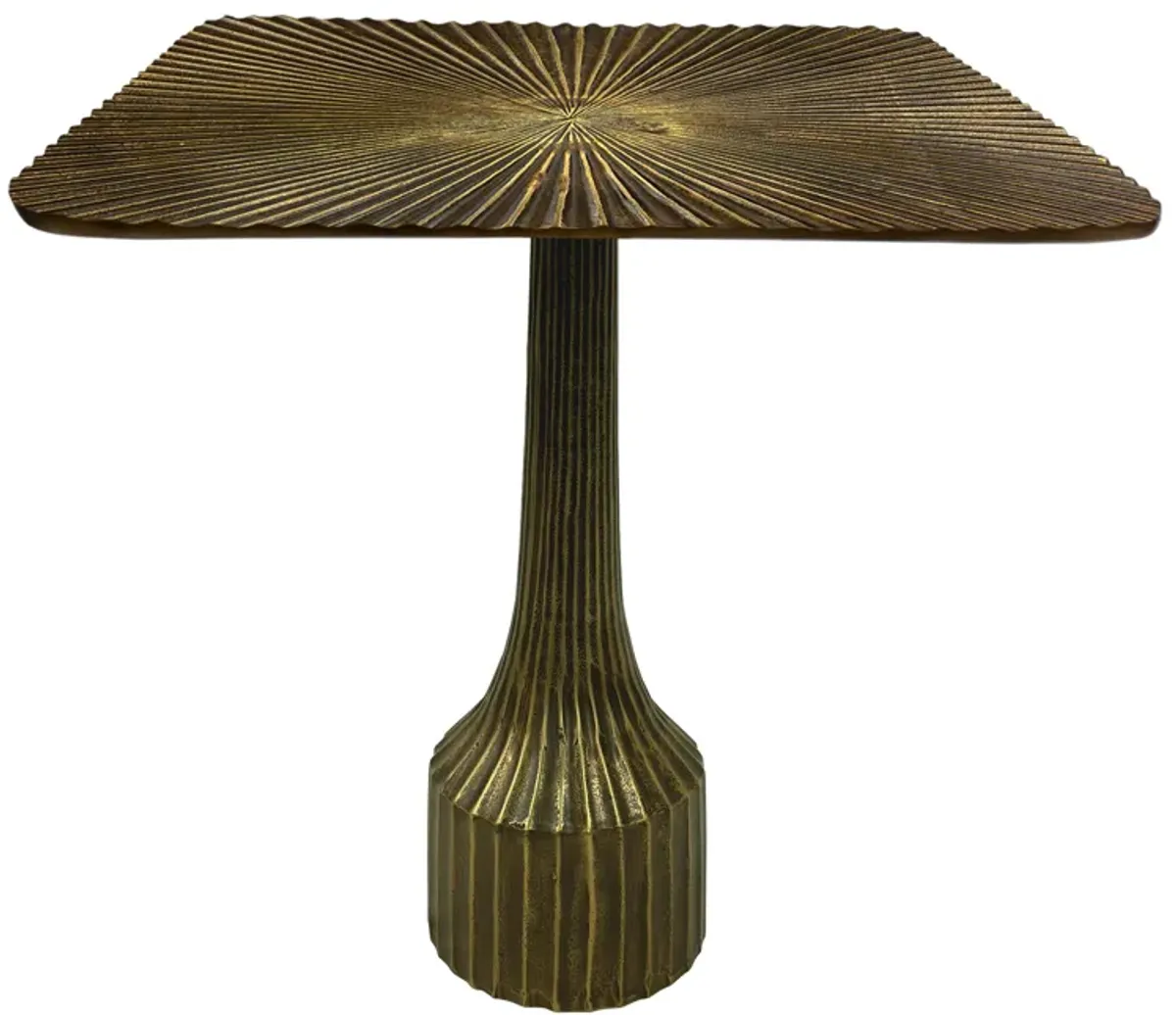 18 Inch Side End Table, Decorative Fluted Base, Square Top, Antique Brass Finish - Benzara