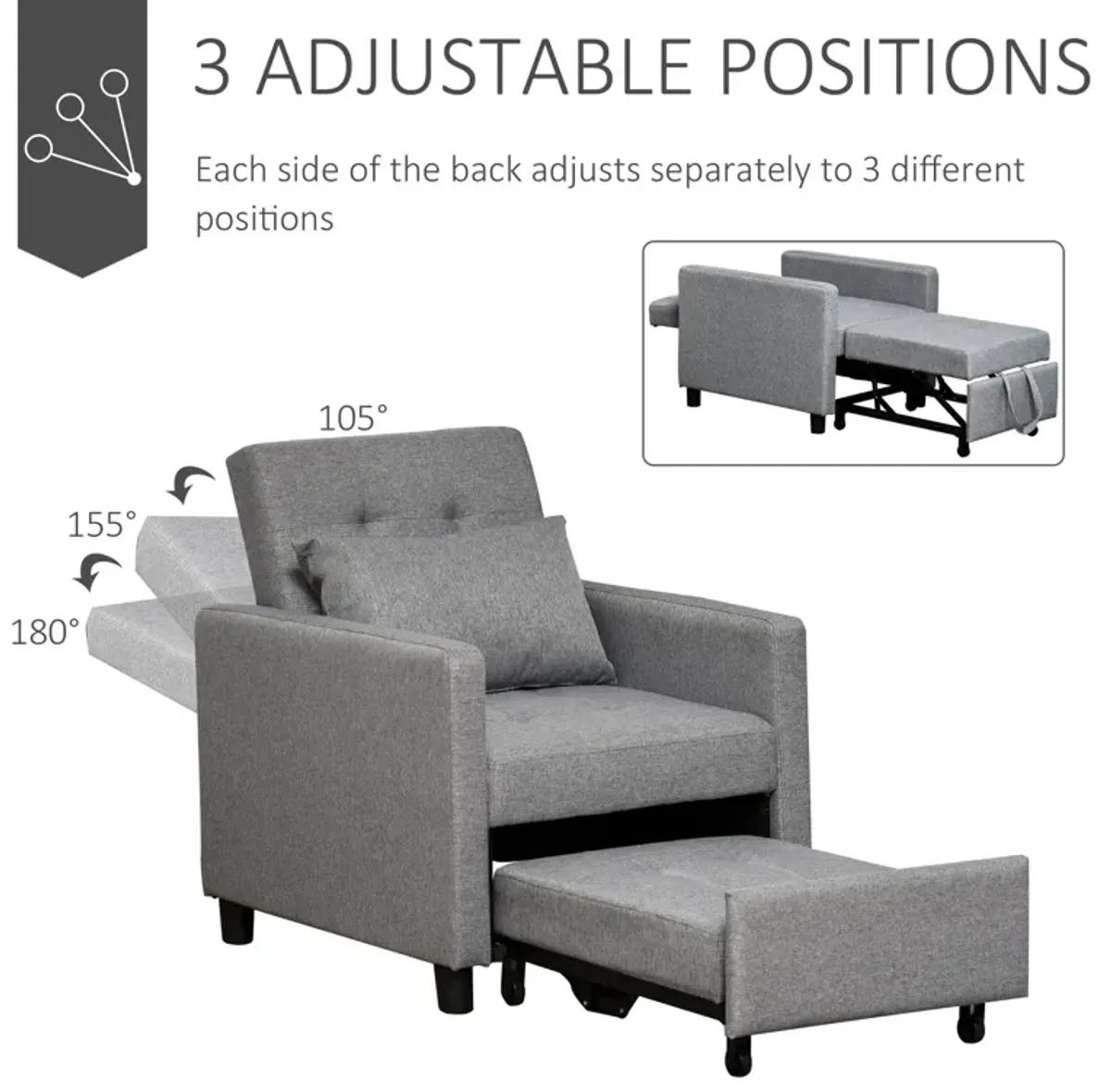 Grey Multipurpose Seater: Convertible Chair Bed with Adjustable Backrest