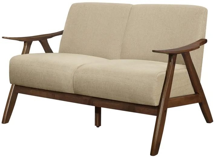 Indy 51 Inch Loveseat, Brown Rubberwood Angled Frame, Textured Beige Fabric - Benzara