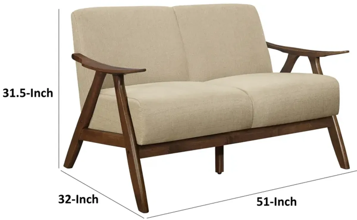 Indy 51 Inch Loveseat, Brown Rubberwood Angled Frame, Textured Beige Fabric - Benzara