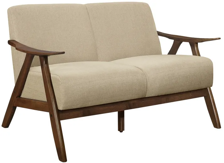 Indy 51 Inch Loveseat, Brown Rubberwood Angled Frame, Textured Beige Fabric - Benzara