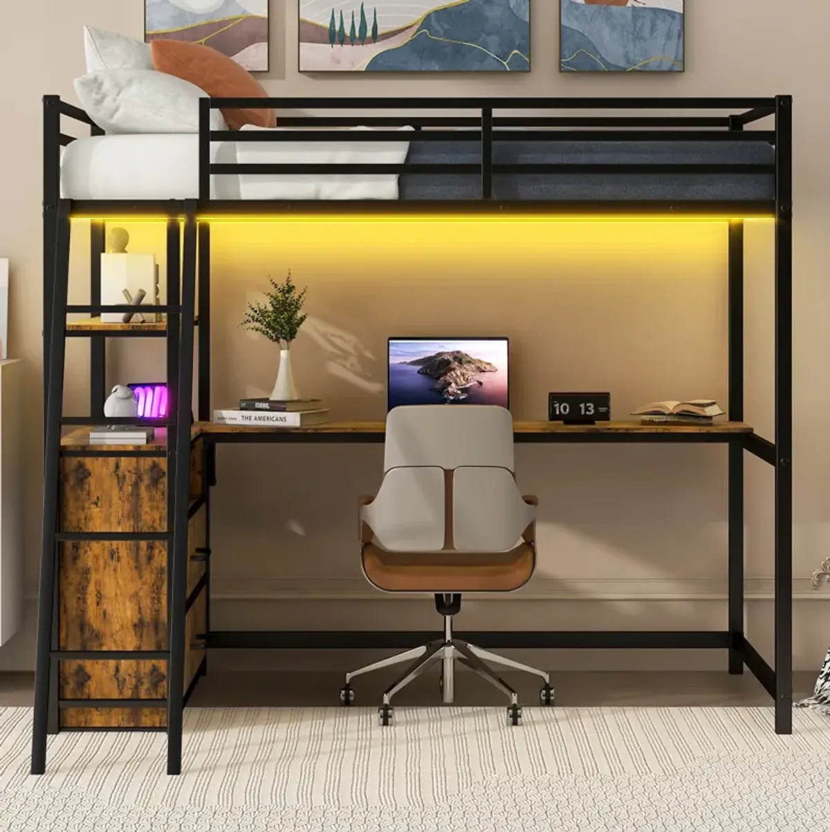 Merax Loft Bed with Desk and Shelves