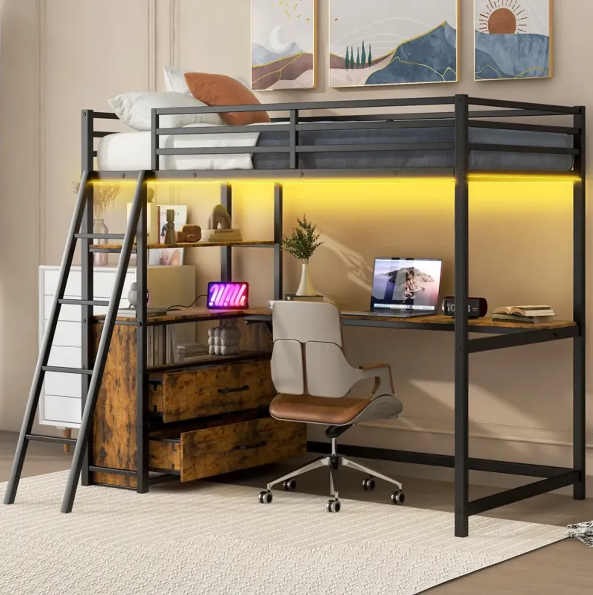 Merax Loft Bed with Desk and Shelves