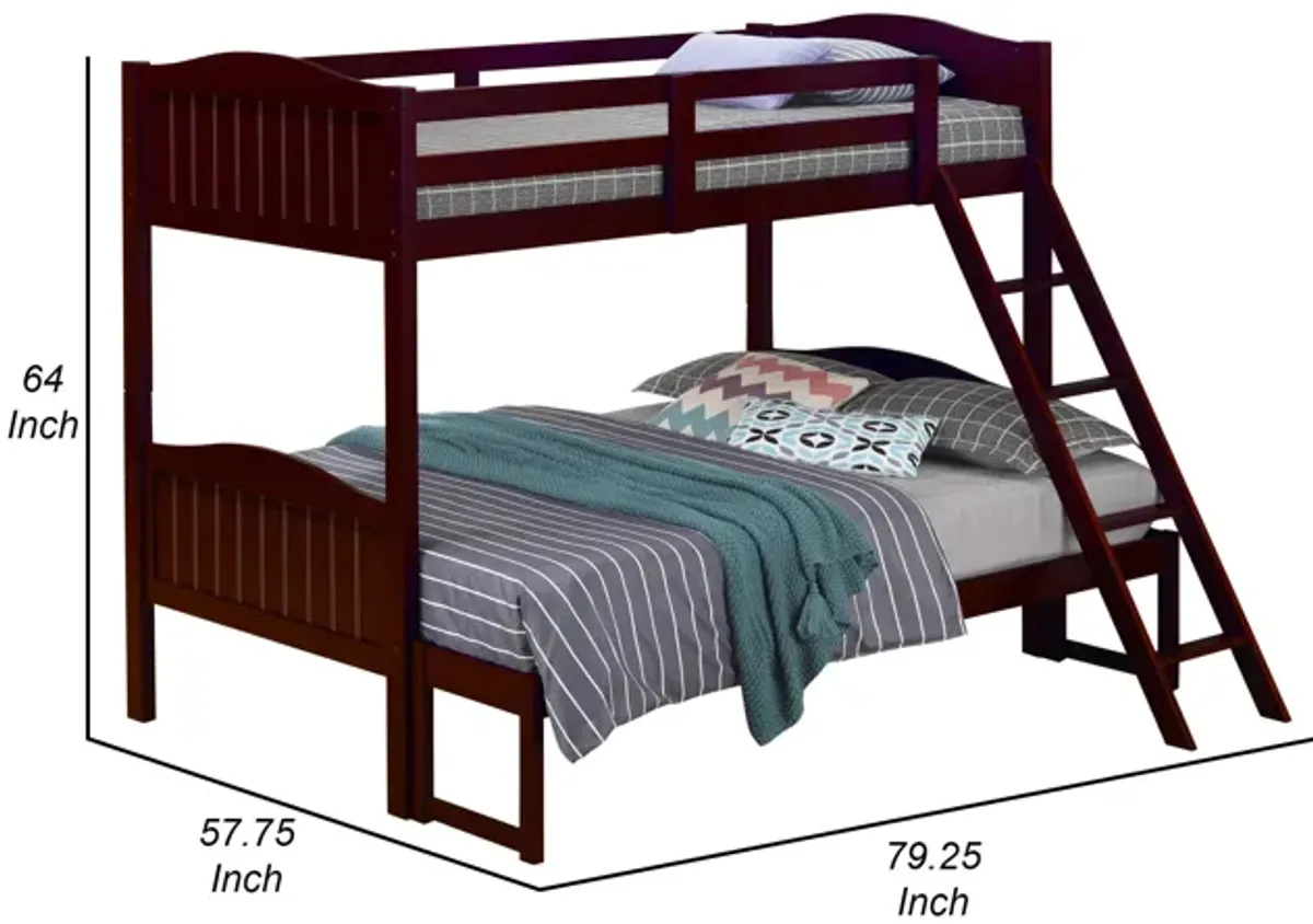 Laro Twin over Full Bunk Bed, Attached Ladder, Guard Rails, Brown Wood - Benzara