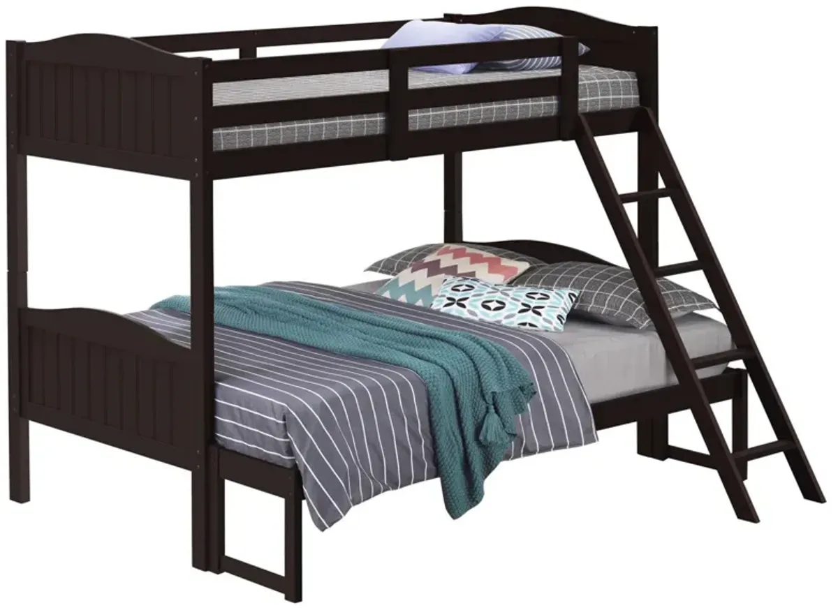 Laro Twin over Full Bunk Bed, Attached Ladder, Guard Rails, Brown Wood - Benzara