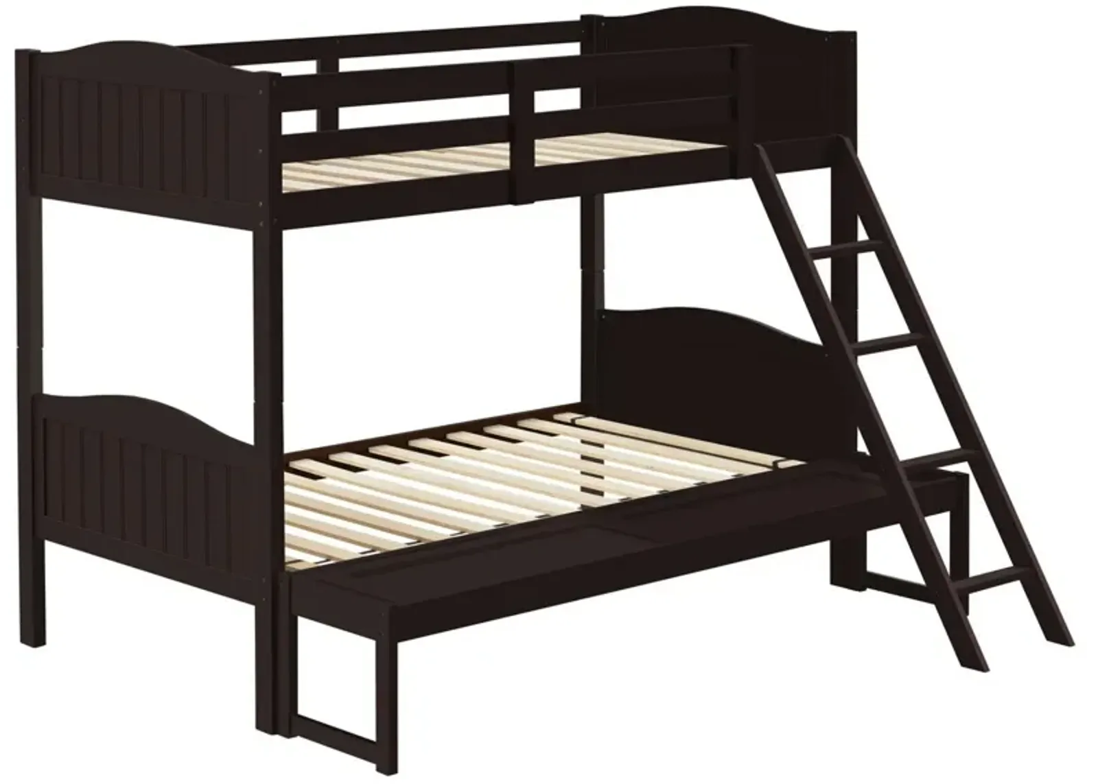 Laro Twin over Full Bunk Bed, Attached Ladder, Guard Rails, Brown Wood - Benzara