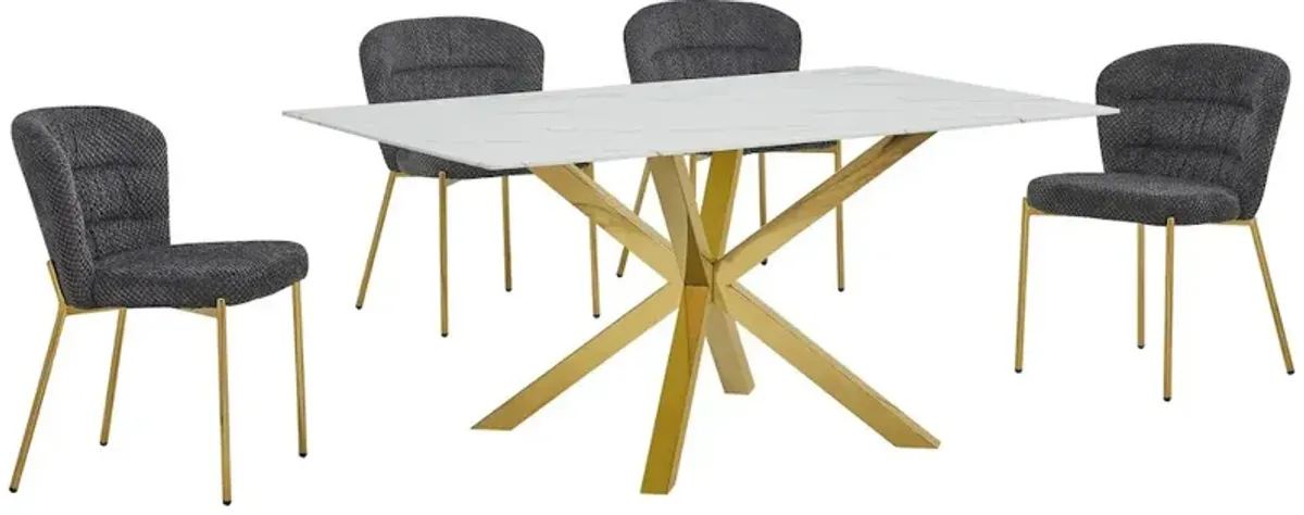 Best Quality Furniture Rectangle White Marble Wrap Glass Dining Table With 4 Dark Grey Side Chairs