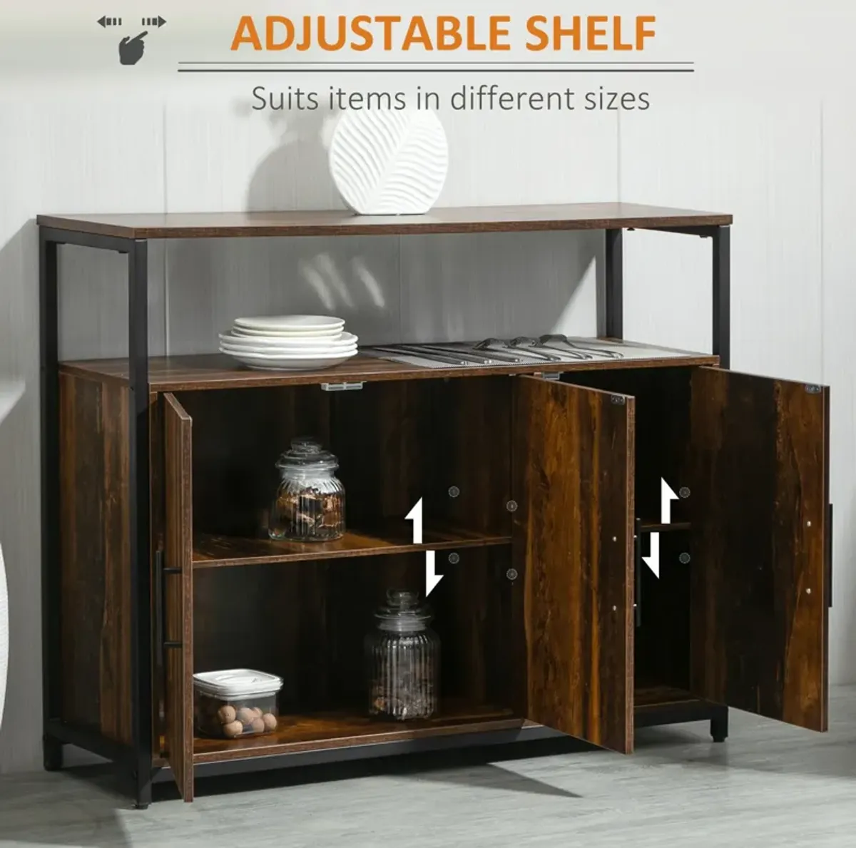 Rustic Brown Sideboard: Industrial Kitchen Buffet with Open Storage