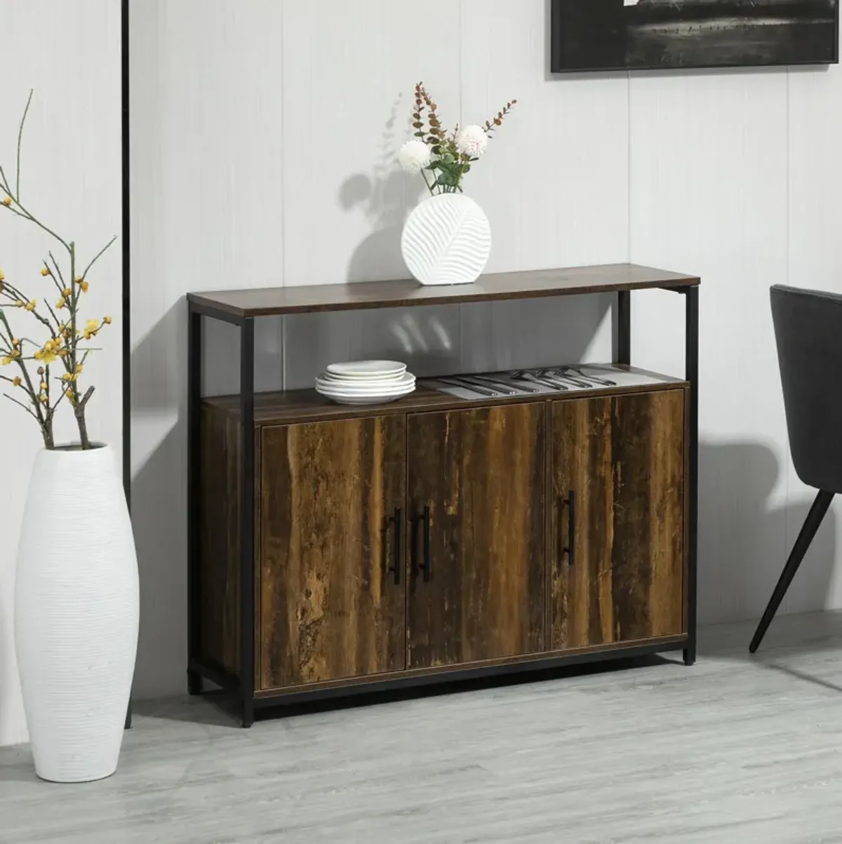 Rustic Brown Sideboard: Industrial Kitchen Buffet with Open Storage