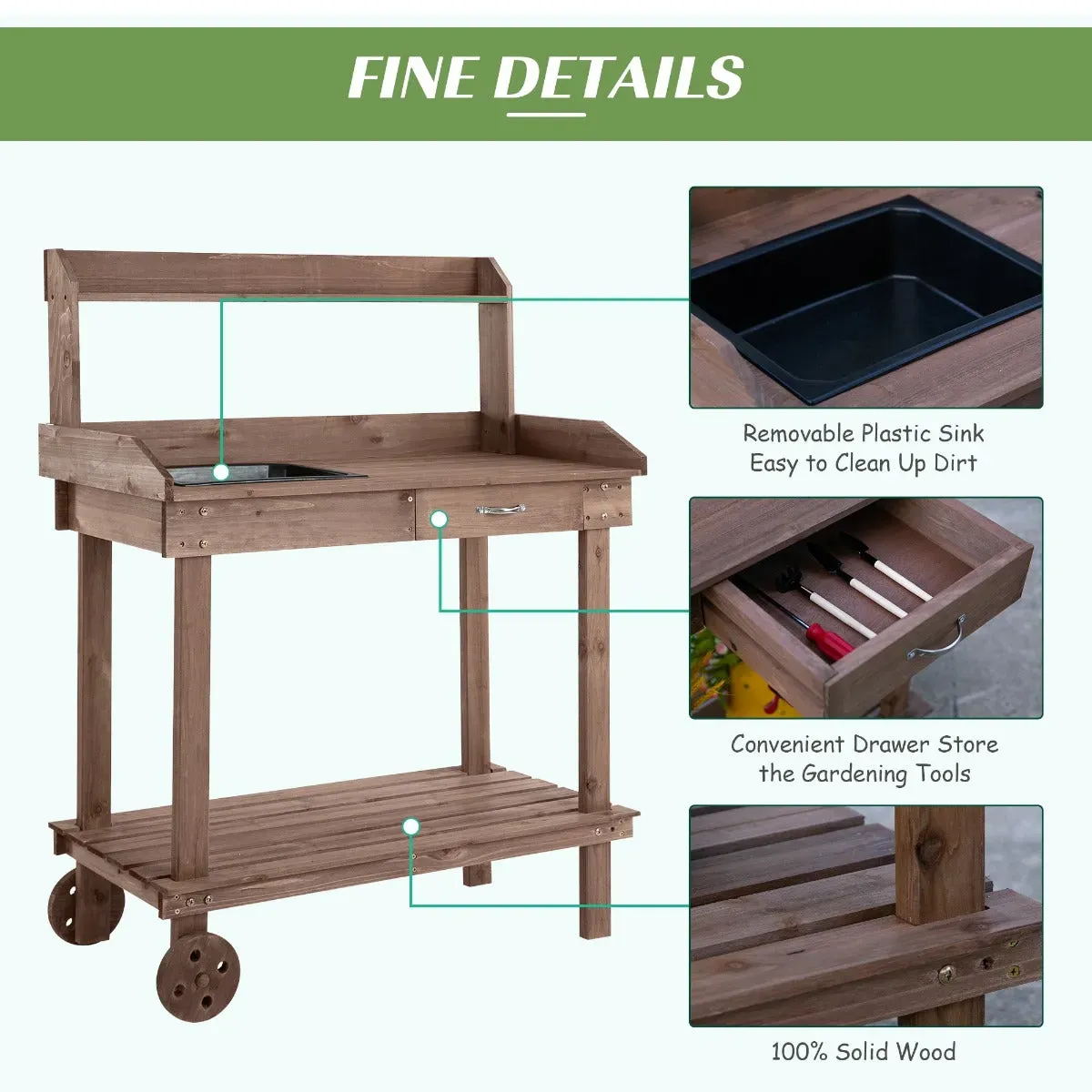 Brown Garden Helper: Wheeled Potting Bench with Sink and Drawer