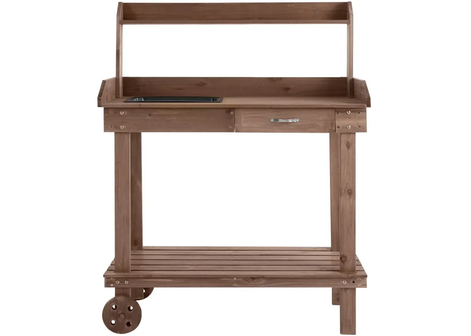 Brown Garden Helper: Wheeled Potting Bench with Sink and Drawer