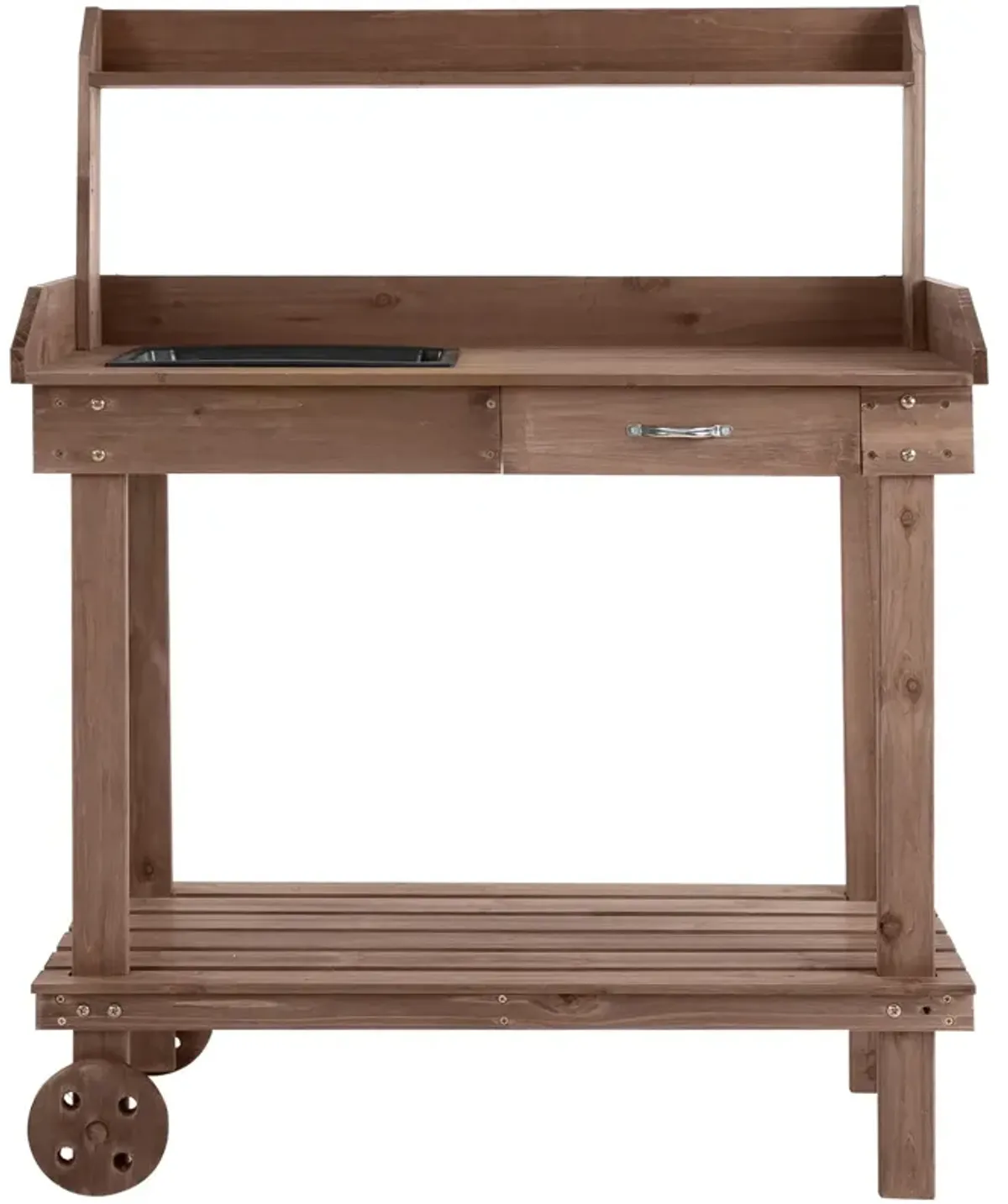 Brown Garden Helper: Wheeled Potting Bench with Sink and Drawer