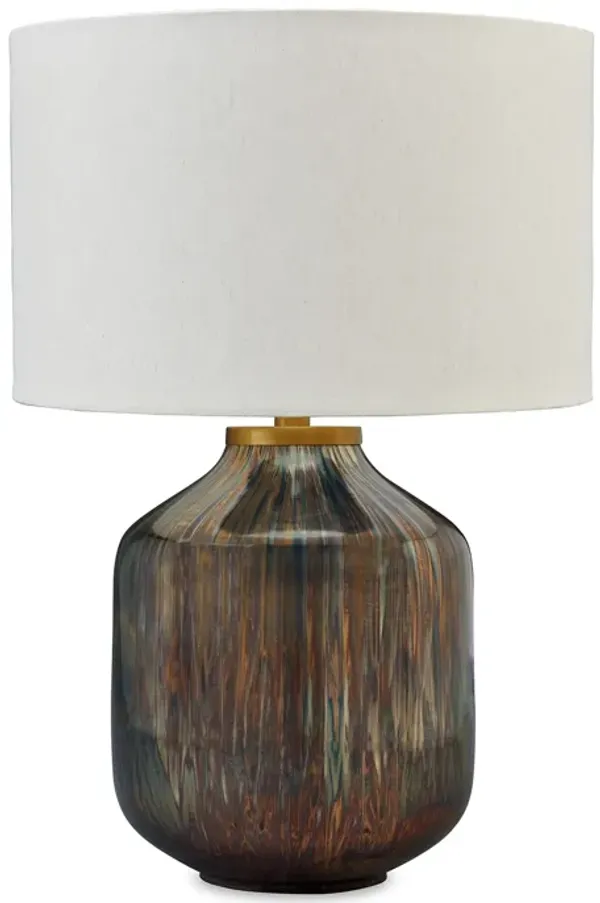 24 Inch Table Lamp, Mercury Glass Jar Base, White Drum Fabric Shade, Black - Benzara