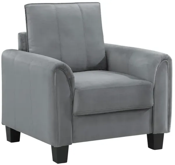 Dave Accent Chair, Gray Fabric, Rounded Armrests, Black Tapered Legs