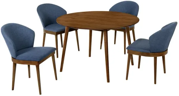 5 Piece Dining Set with Curved Side Chairs, Brown and Blue - Benzara