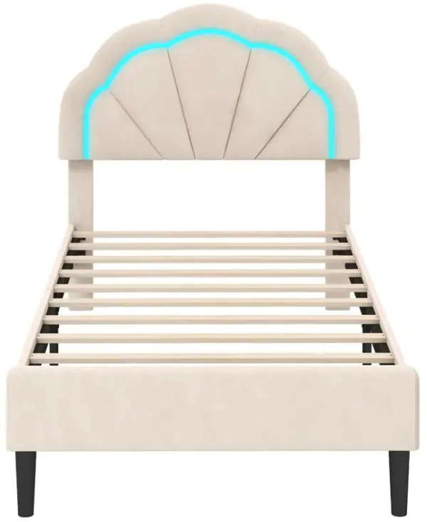 Upholstered LED Bed Frame with Adjustable Flower Headboard and Metal Support Feet