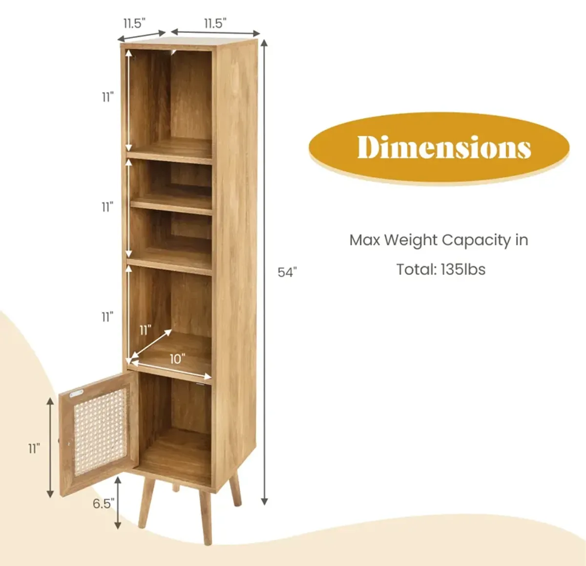 4 Tiers Rattan Storage Cabinet with Slim Design