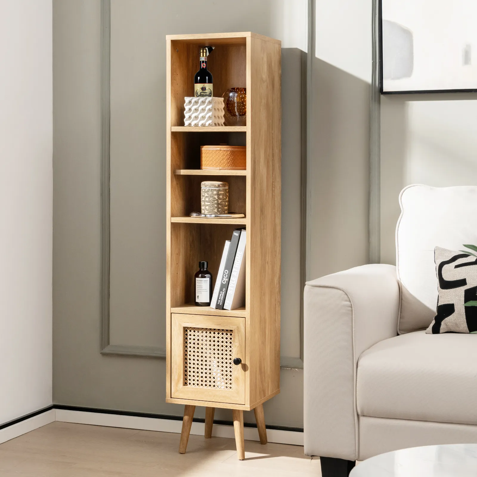 4 Tiers Rattan Storage Cabinet with Slim Design