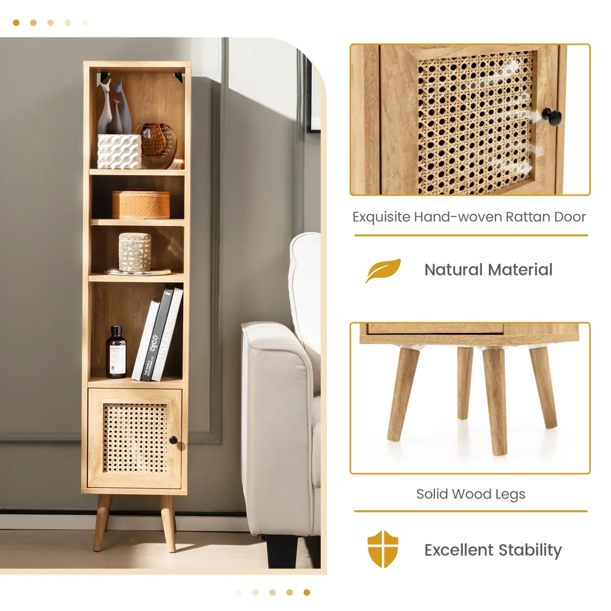 4 Tiers Rattan Storage Cabinet with Slim Design