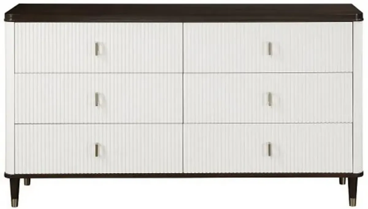 Benjara Aren 67 Inch Wide Dresser Chest, Jewelry Tray, 6 Drawers, Solid Wood, White and Brown