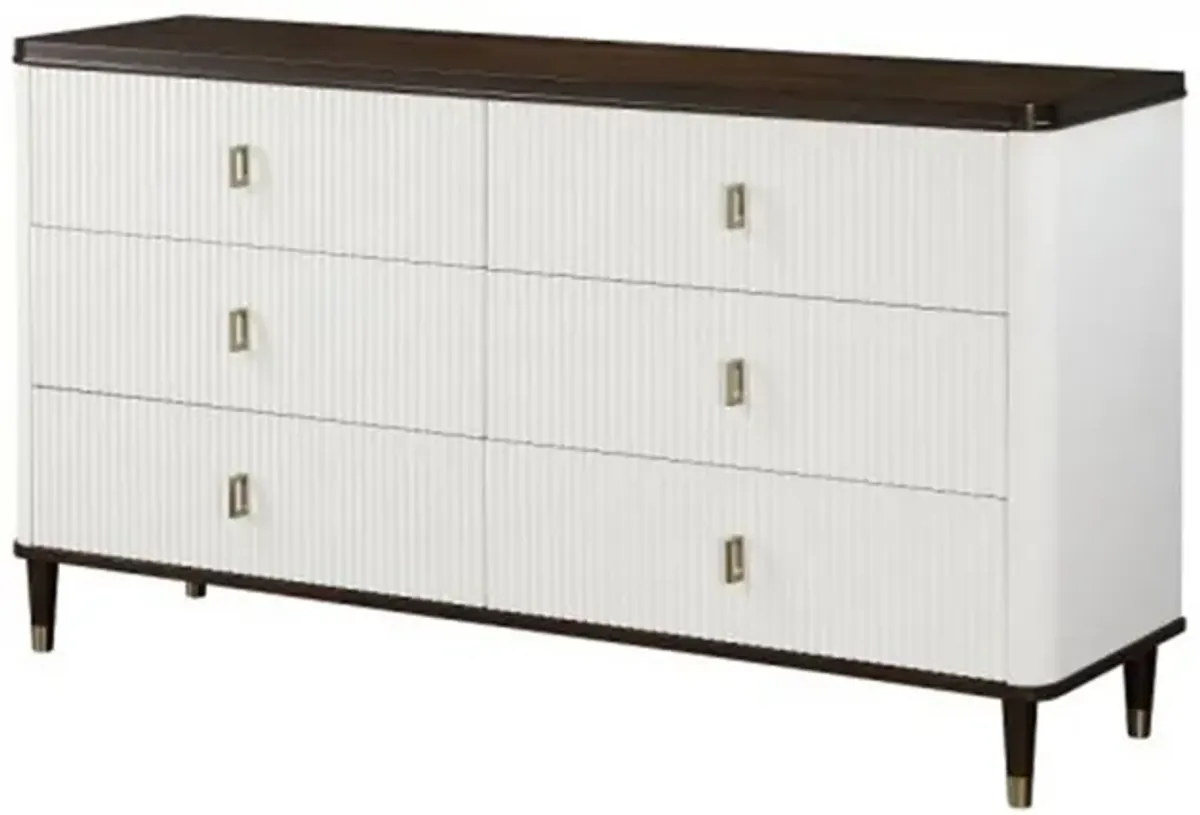 Benjara Aren 67 Inch Wide Dresser Chest, Jewelry Tray, 6 Drawers, Solid Wood, White and Brown