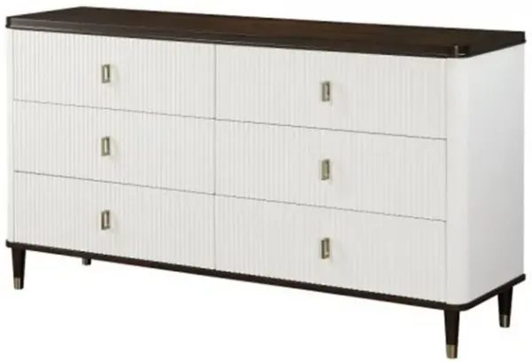 Benjara Aren 67 Inch Wide Dresser Chest, Jewelry Tray, 6 Drawers, Solid Wood, White and Brown