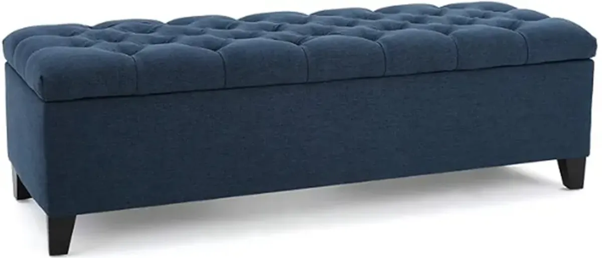 Elias Storage Bench, 51 Inch Button Tufted Blue Velvet, Solid Wood - Benzara