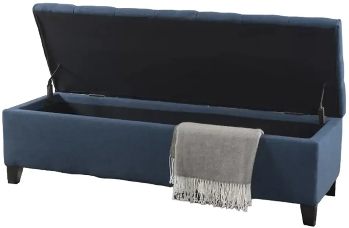 Elias Storage Bench, 51 Inch Button Tufted Blue Velvet, Solid Wood - Benzara