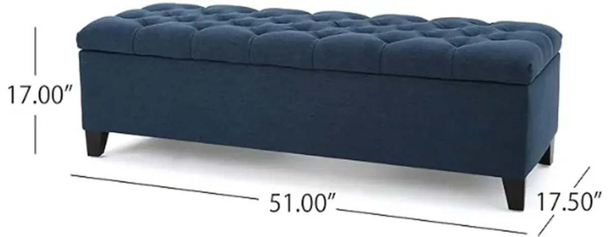 Elias Storage Bench, 51 Inch Button Tufted Blue Velvet, Solid Wood - Benzara