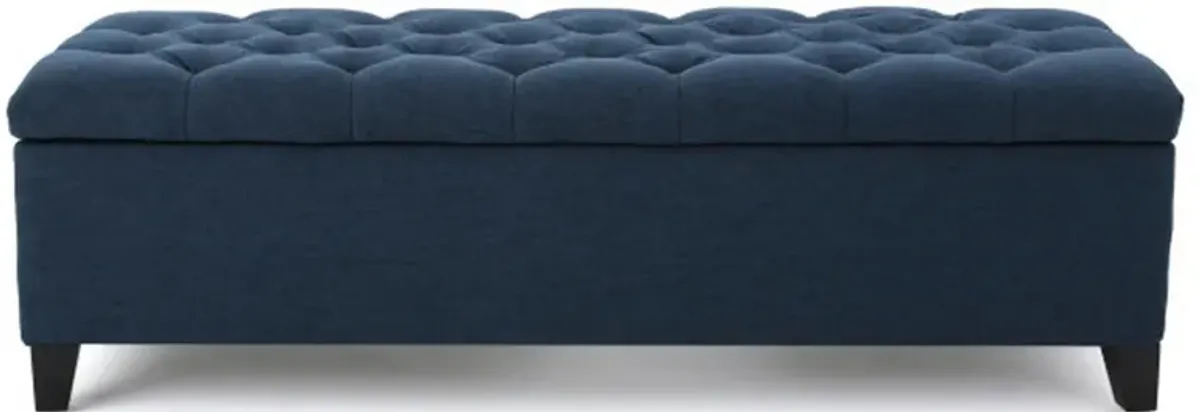 Elias Storage Bench, 51 Inch Button Tufted Blue Velvet, Solid Wood - Benzara