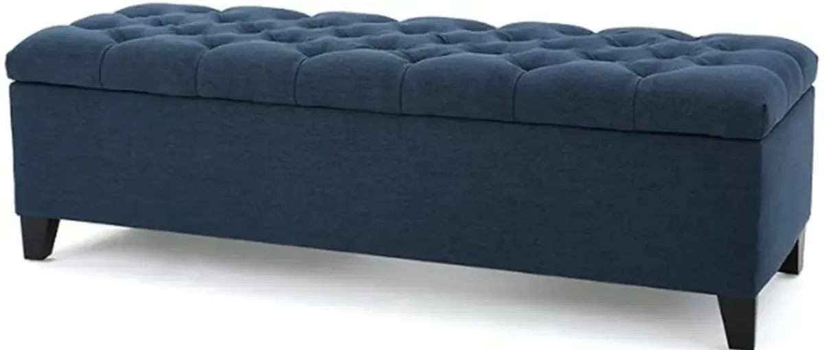 Elias Storage Bench, 51 Inch Button Tufted Blue Velvet, Solid Wood - Benzara